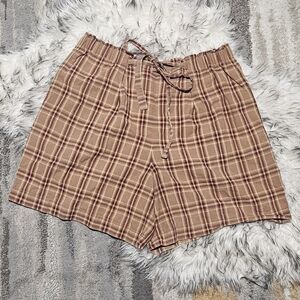 Plaid High Waist Shorts - Tan